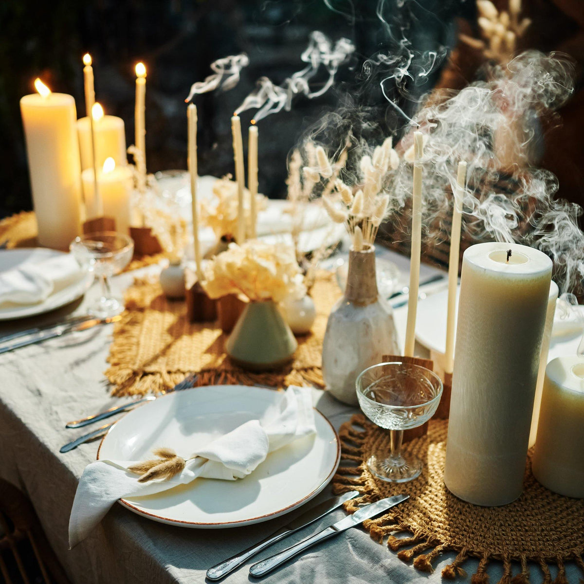 ivory dinner table pillar candles