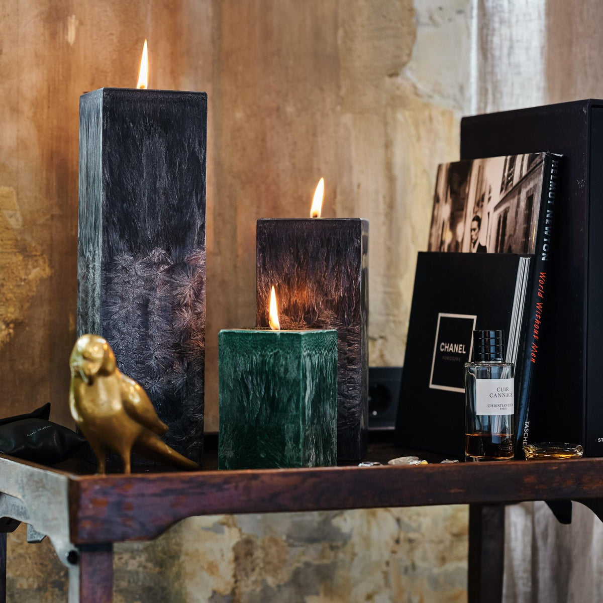 square black and green pillar candles